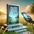 DALL·E 2024-10-16 17.19.53 - A serene scene featuring a sleek, modern memorial plaque with a QR code, placed on a calm, peaceful landscape. The plaque is surrounded by soft green